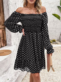 Smocked Polka Dot Long Sleeve Dress - Trendsi