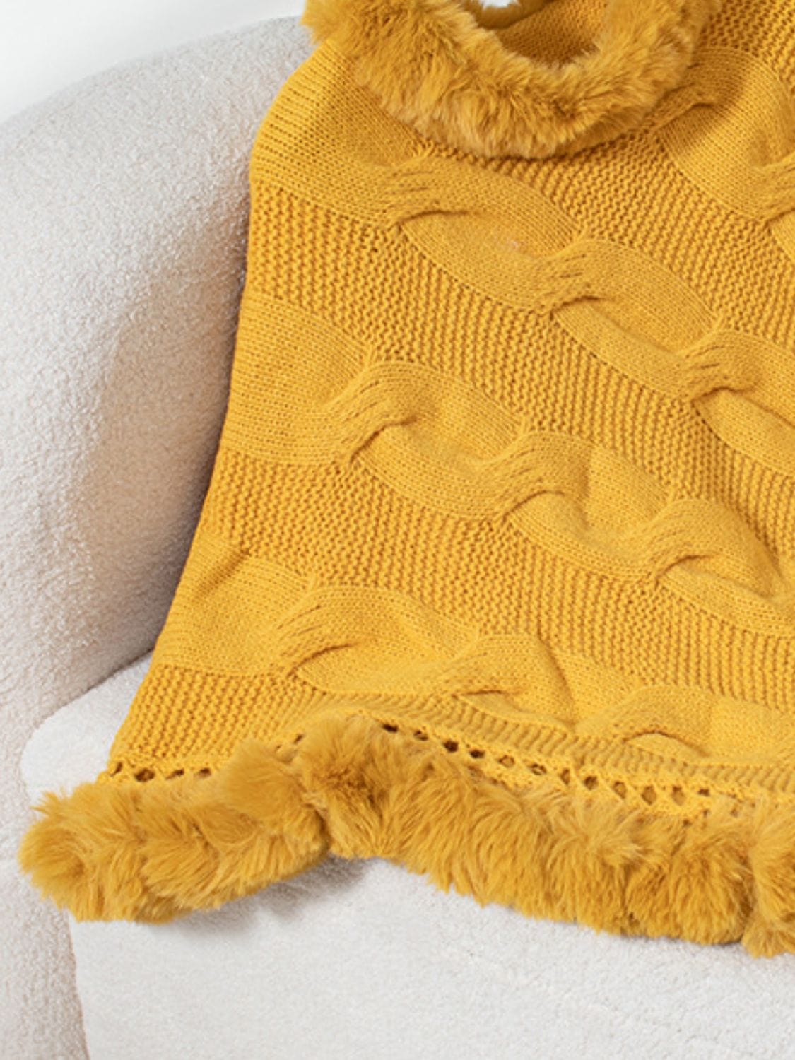 Fuzzy Hem Cable-Knit Poncho - Trendsi
