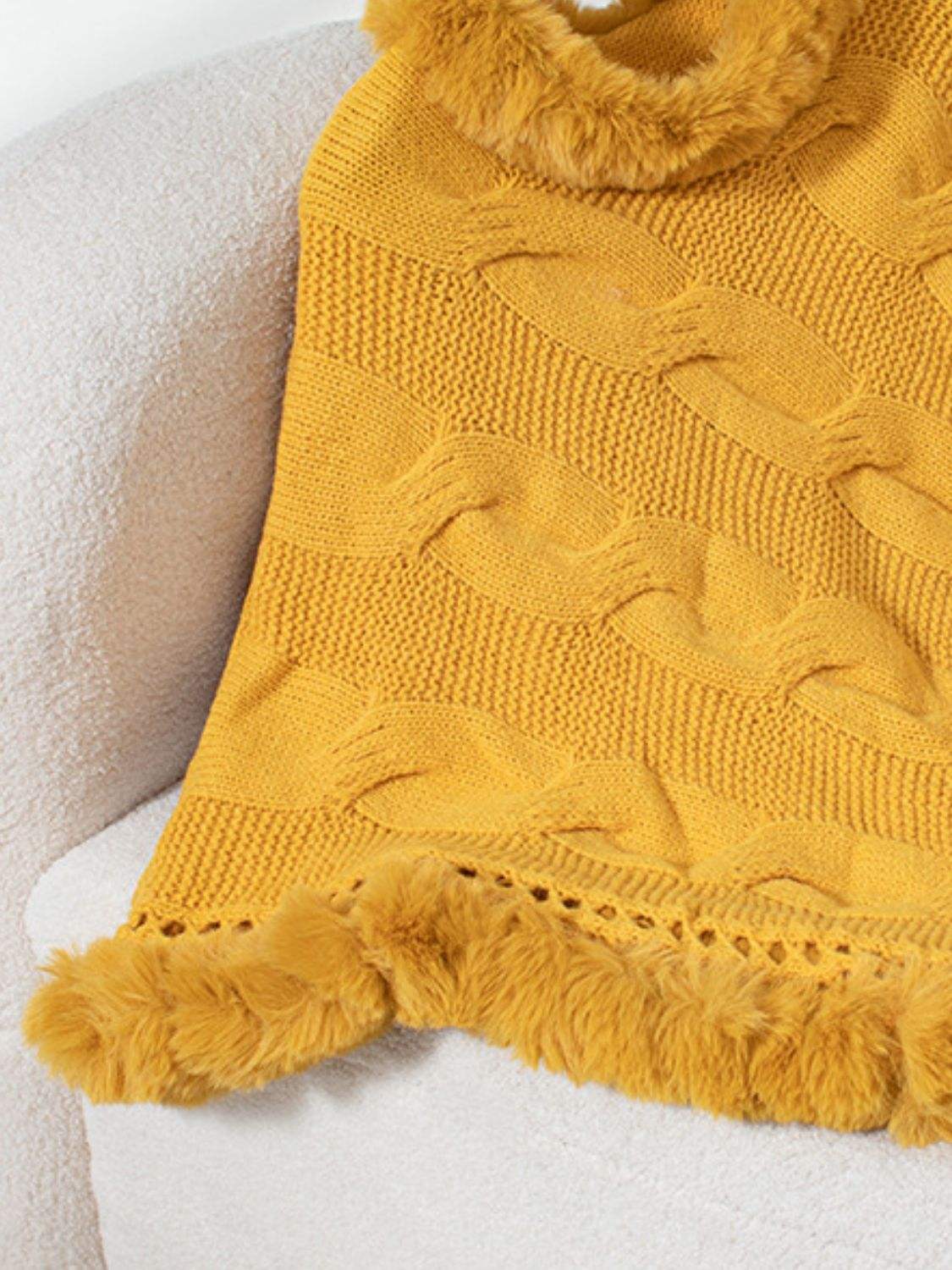 Fuzzy Hem Cable-Knit Poncho - Trendsi - Flyclothing LLC