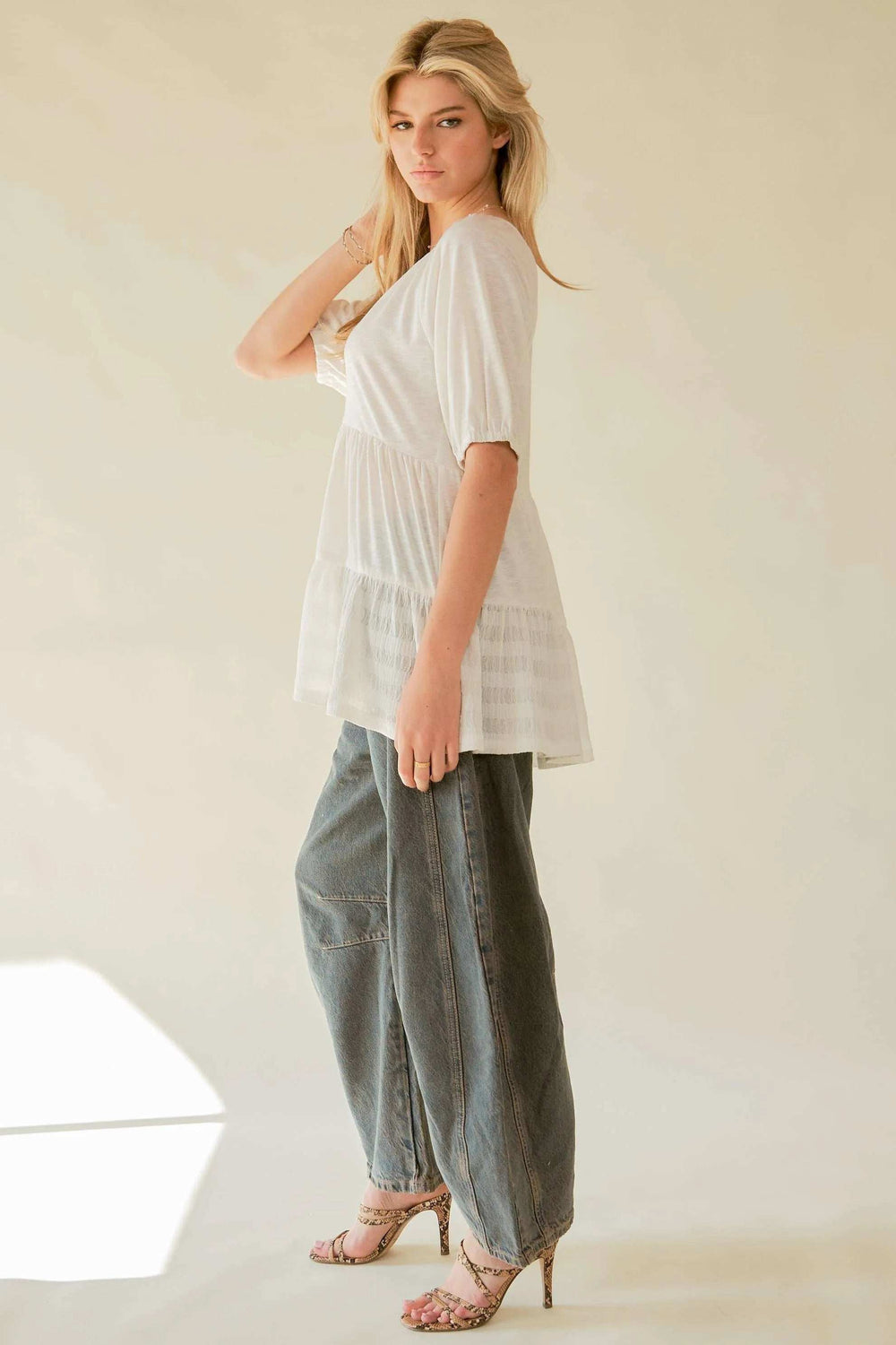 Davi & Dani Ruffled Flared Short Sleeve V Neck Blouse - Trendsi - Flyclothing LLC