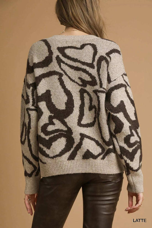 Umgee Heart Print Crew Neck Sweater - Trendsi - Flyclothing LLC