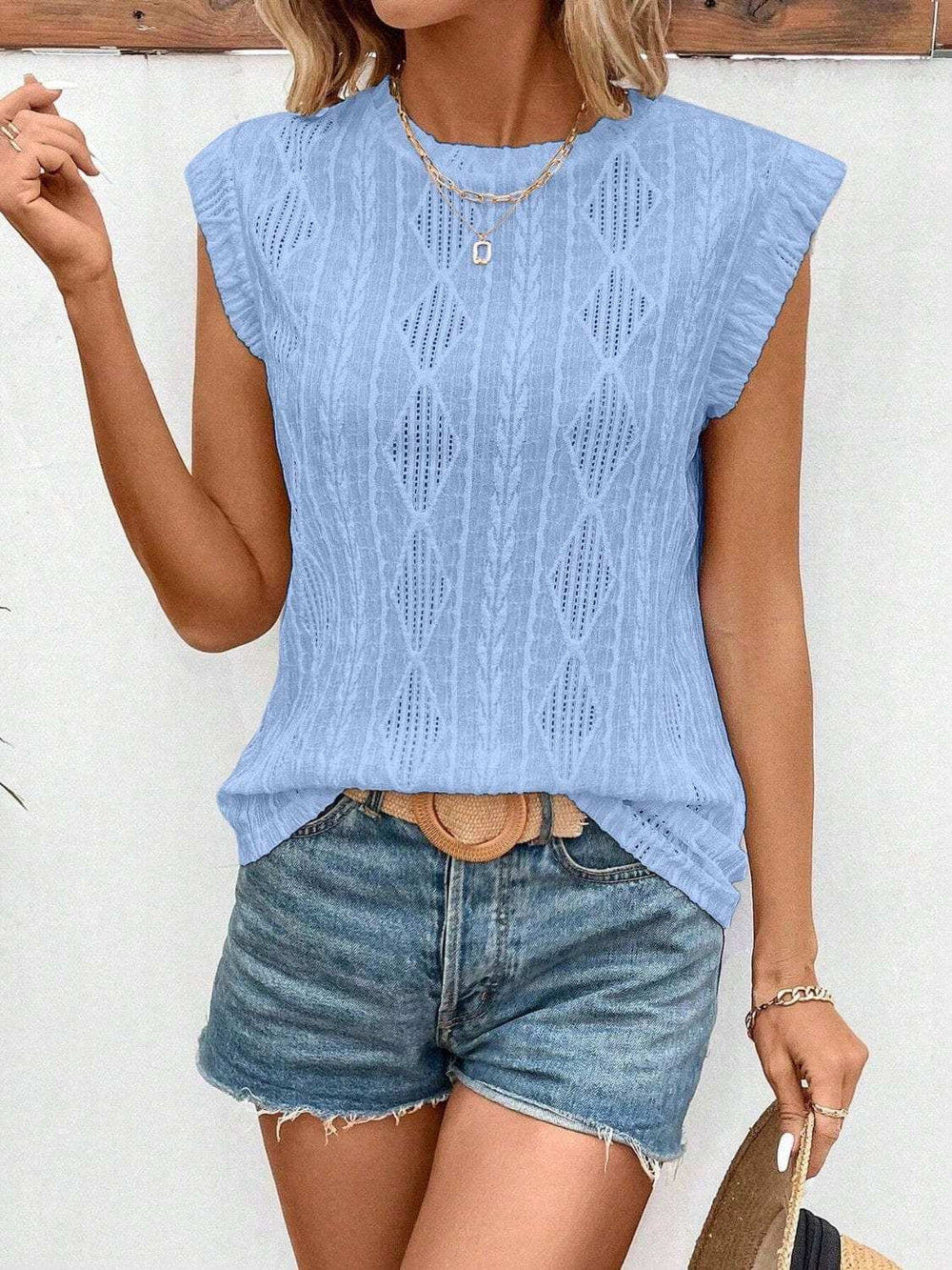 Eyelet Round Neck Cap Sleeve Top - Trendsi - Flyclothing LLC