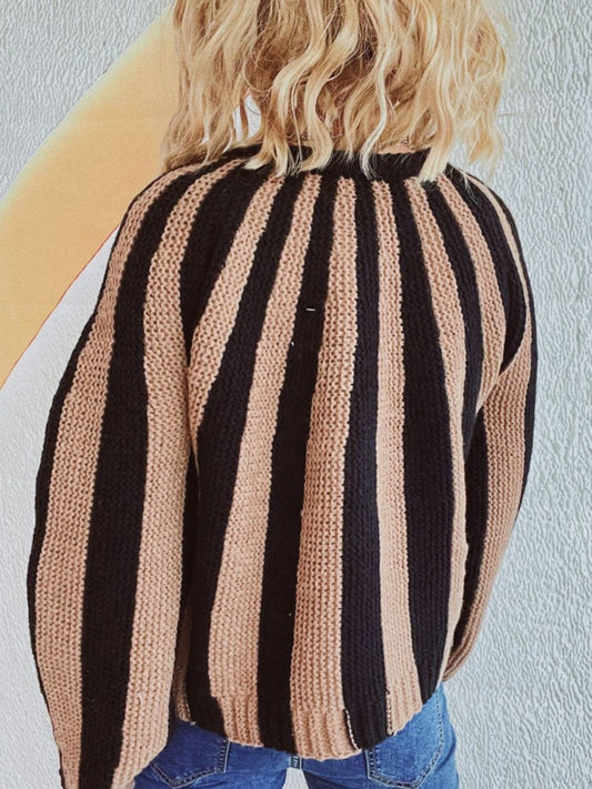 Contrast Stripes Button Down Long Sleeve Cardigan - Trendsi