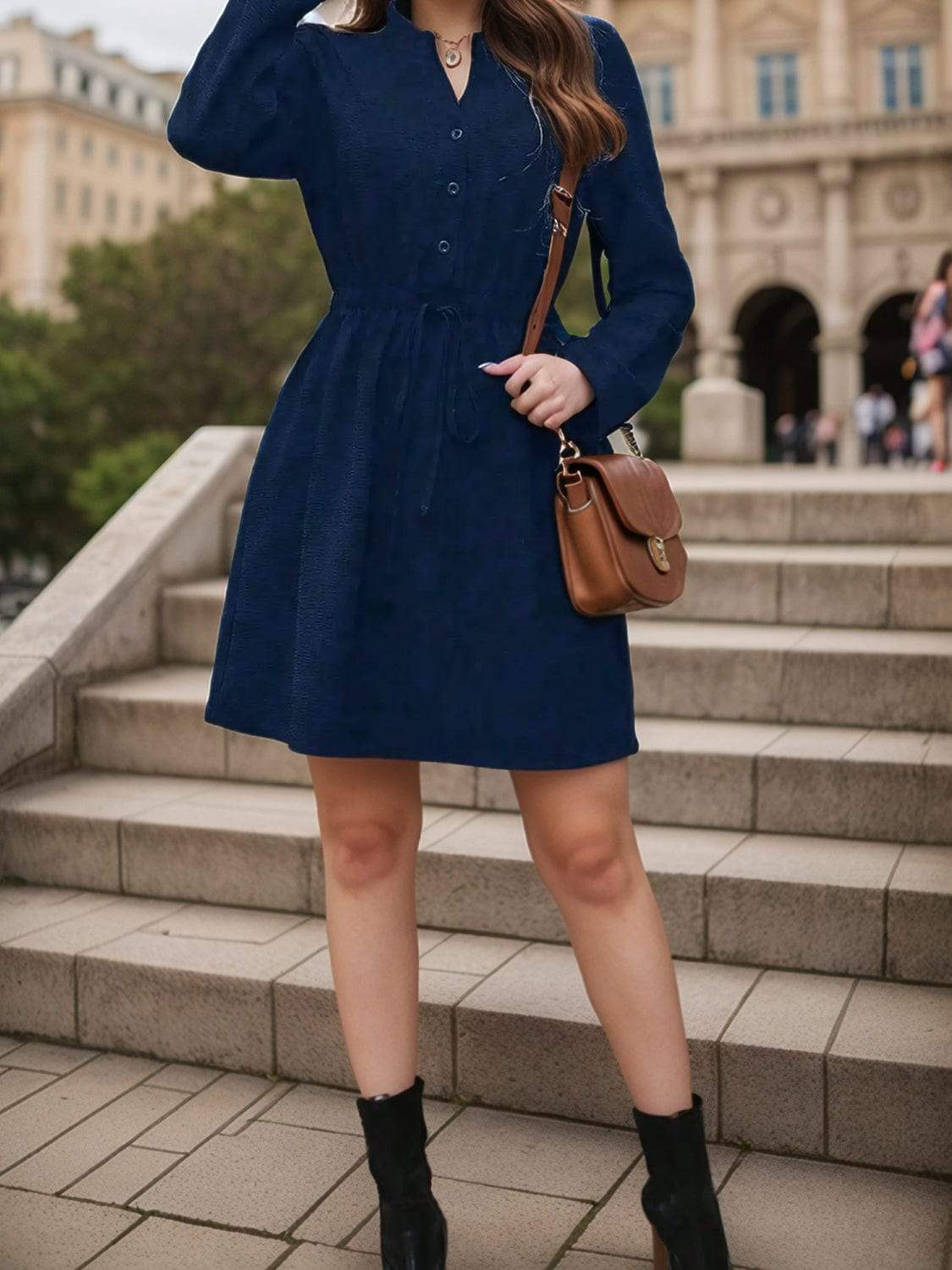 Drawstring Waist Notched Long Sleeve Dress - Trendsi - Flyclothing LLC