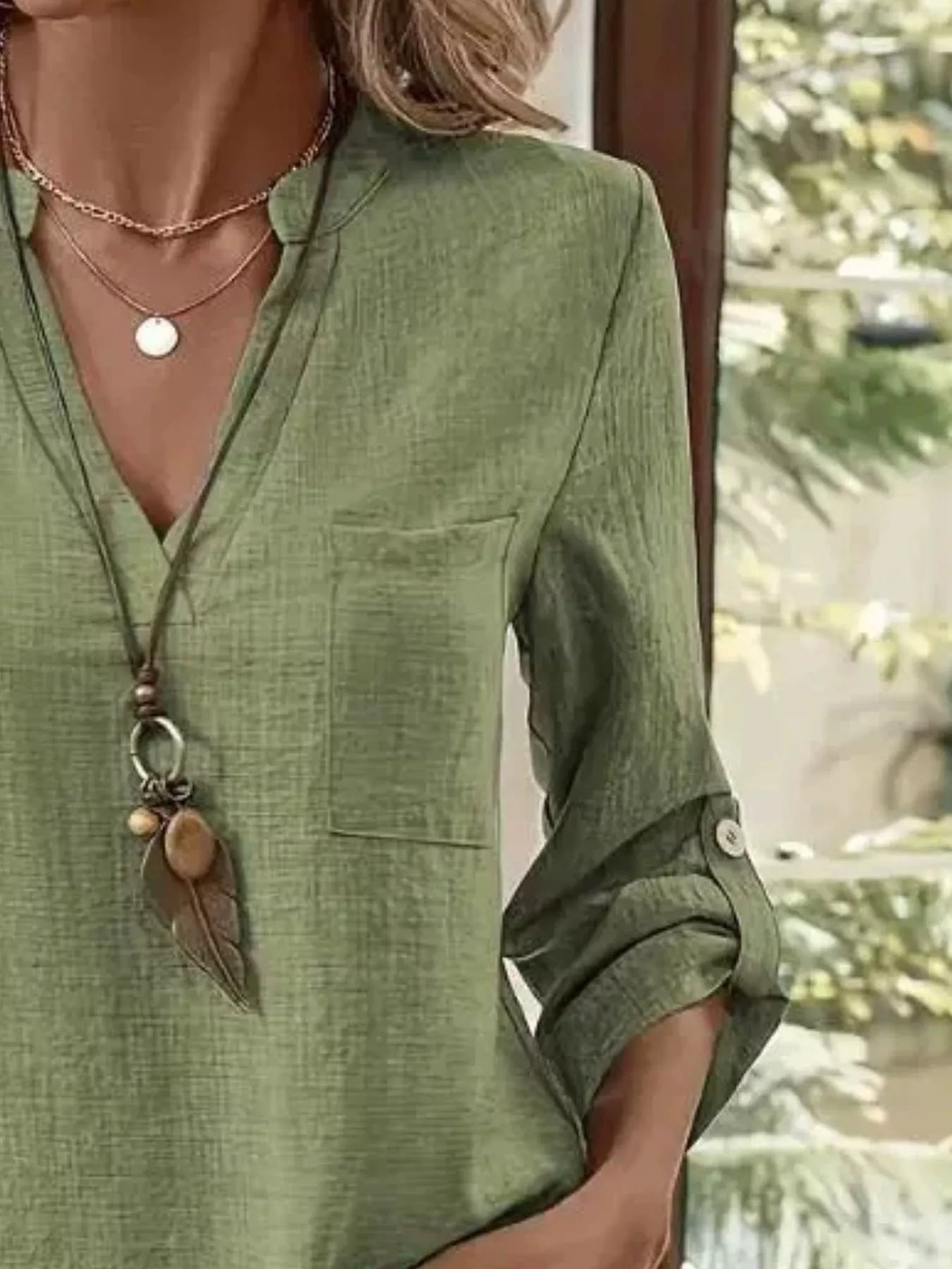 Casual V-Neck Roll-Sleeve T-Shirt with Pocket - Trendsi - Flyclothing LLC