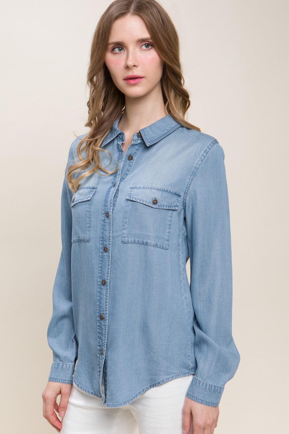Love Tree Scooped Hem Button Up Denim Shirt - Trendsi