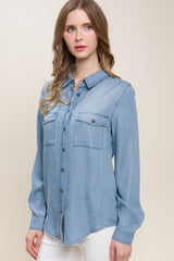 Love Tree Scooped Hem Button Up Denim Shirt - Trendsi