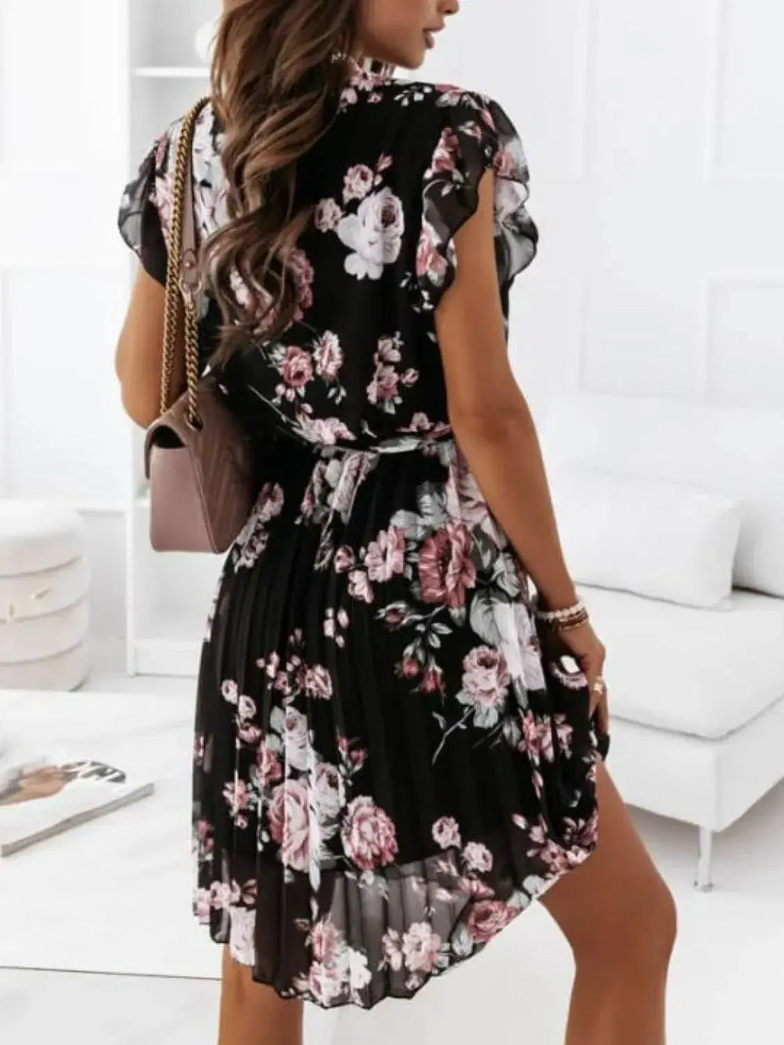 Floral Surplice Ruffled Cap Sleeve Dress - Trendsi - Flyclothing LLC