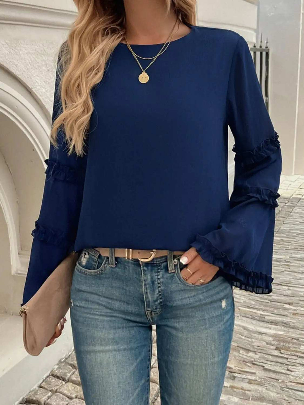 Devine Frill Round Neck Long Sleeve Top - Trendsi - Flyclothing LLC