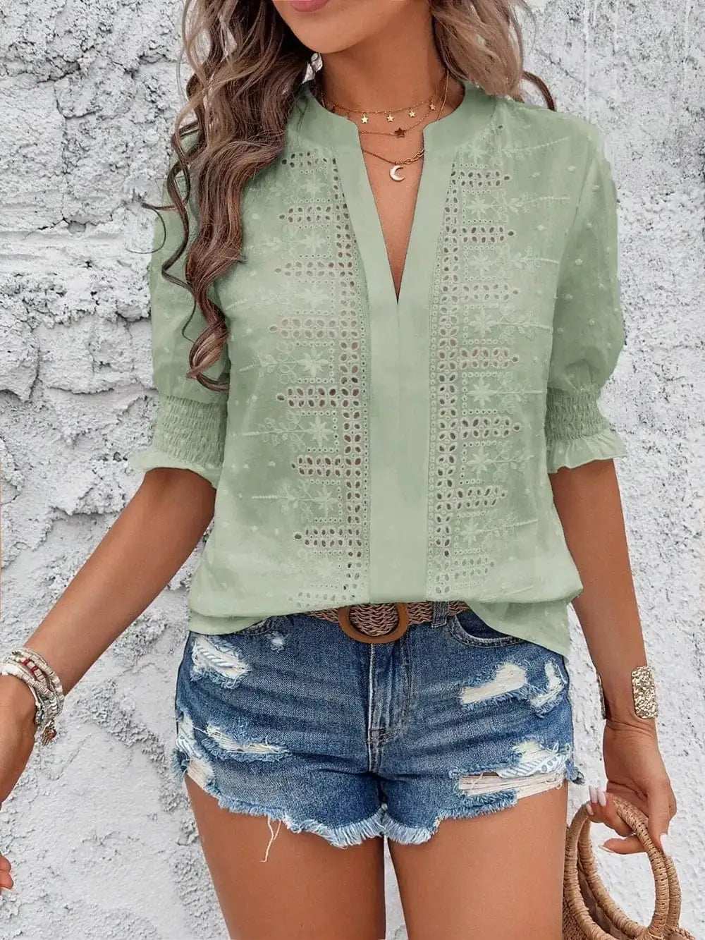 Eyelet Notched Flounce Sleeve Blouse - Trendsi - Flyclothing LLC