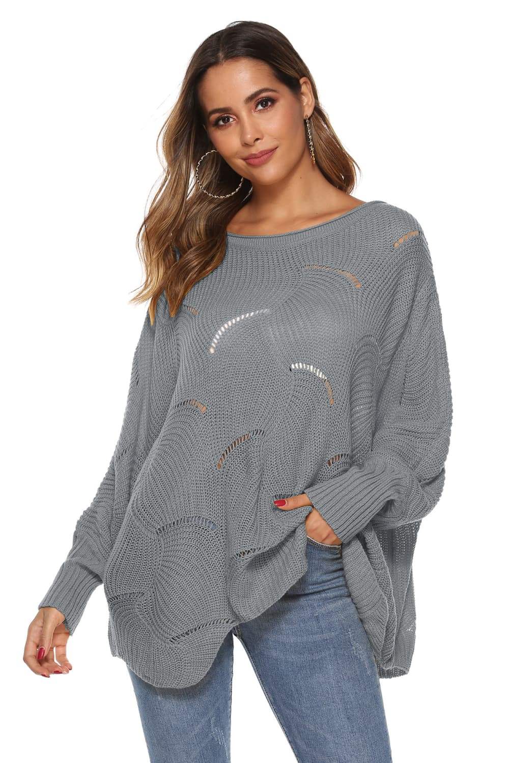 Round Neck Long Sleeve Openwork Sweater - Trendsi - Flyclothing LLC