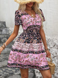 Printed V-Neck Short Sleeve Mini Dress - Trendsi