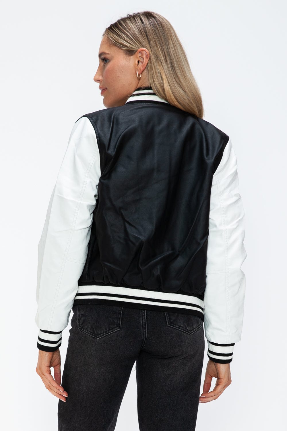 Love Me Now PU Leather Contrast Snap Down Bomber Jacket - Trendsi