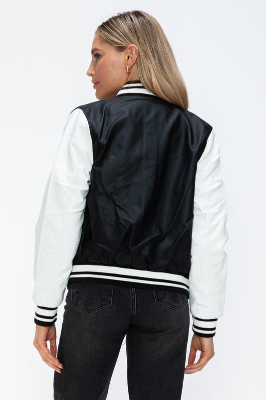 Love Me Now PU Leather Contrast Snap Down Bomber Jacket - Trendsi