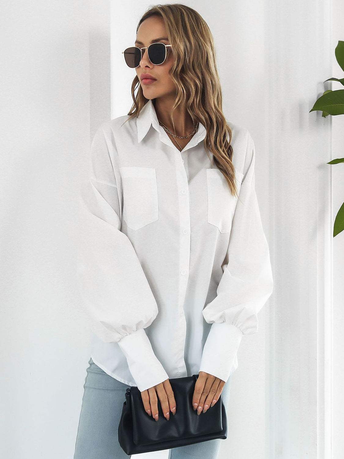 Button Up Dropped Shoulder Lantern Sleeve Shirt - Trendsi - Flyclothing LLC