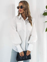 Button Up Dropped Shoulder Lantern Sleeve Shirt - Trendsi - Flyclothing LLC