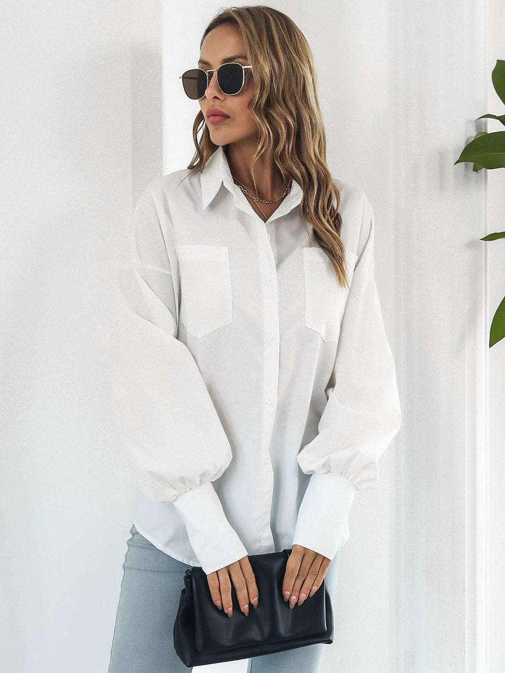 Button Up Dropped Shoulder Lantern Sleeve Shirt - Trendsi - Flyclothing LLC