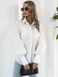 Button Up Dropped Shoulder Lantern Sleeve Shirt - Trendsi - Flyclothing LLC