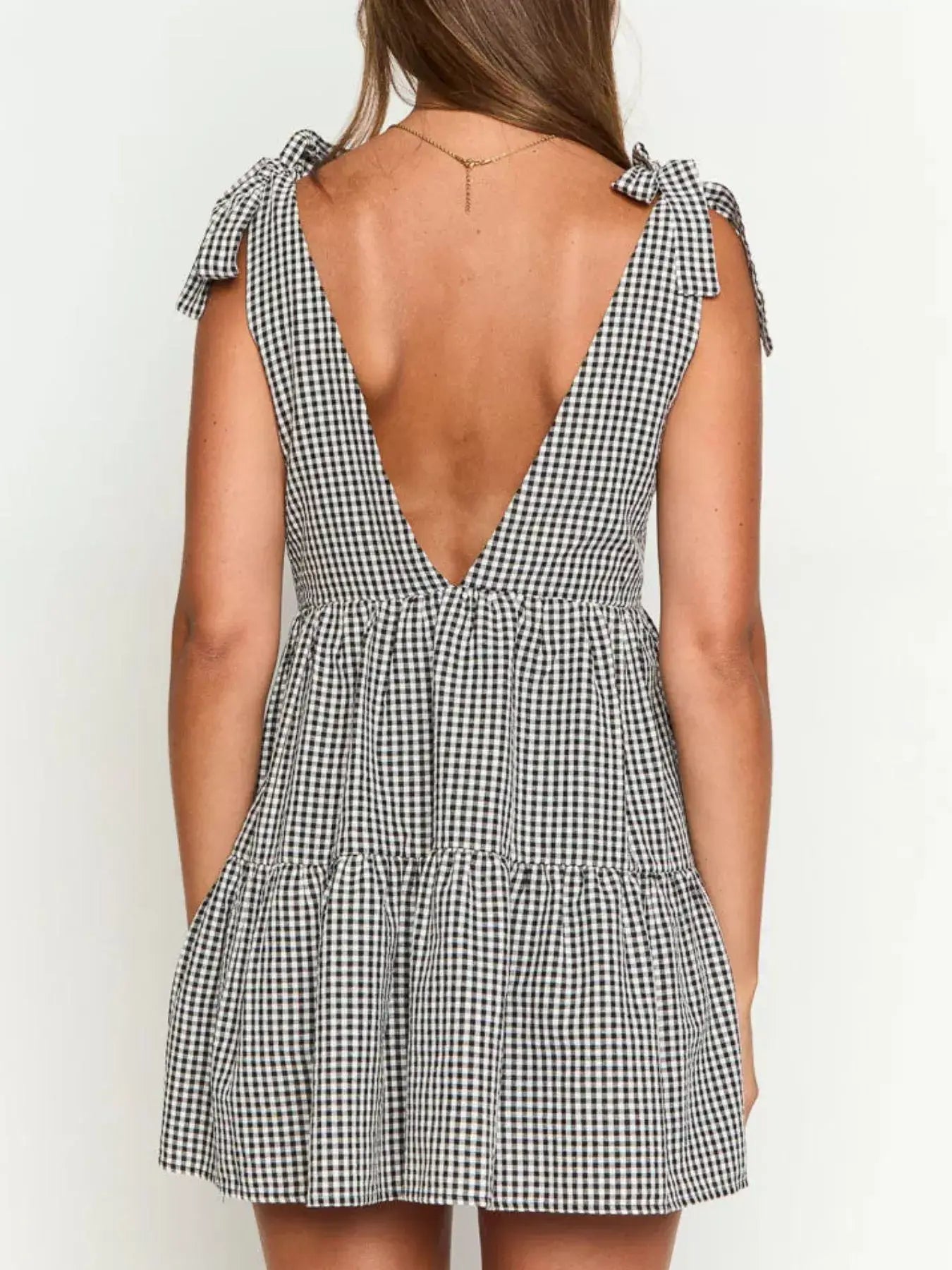 Gingham Tie-Shoulder Mini Dress - Trendsi - Flyclothing LLC