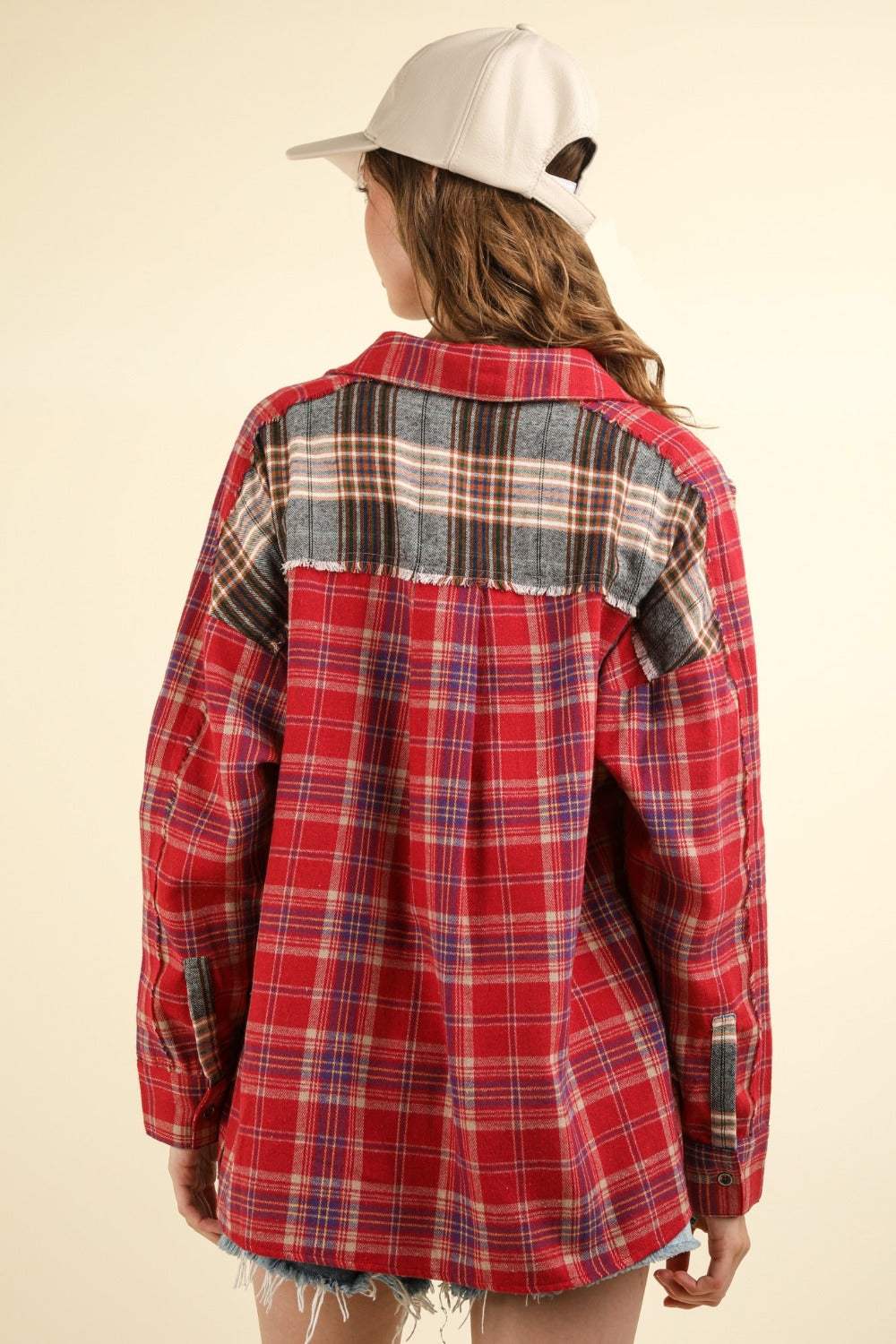 VERY J Contrast Plaid Raw Detail Shirt - Trendsi - Flyclothing LLC