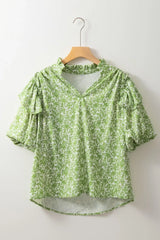Floral Ruffle Puff Short Sleeve Frilled Notched Blouse - Trendsi - Flyclothing LLC