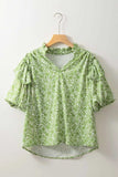 Floral Ruffle Puff Short Sleeve Frilled Notched Blouse - Trendsi - Flyclothing LLC