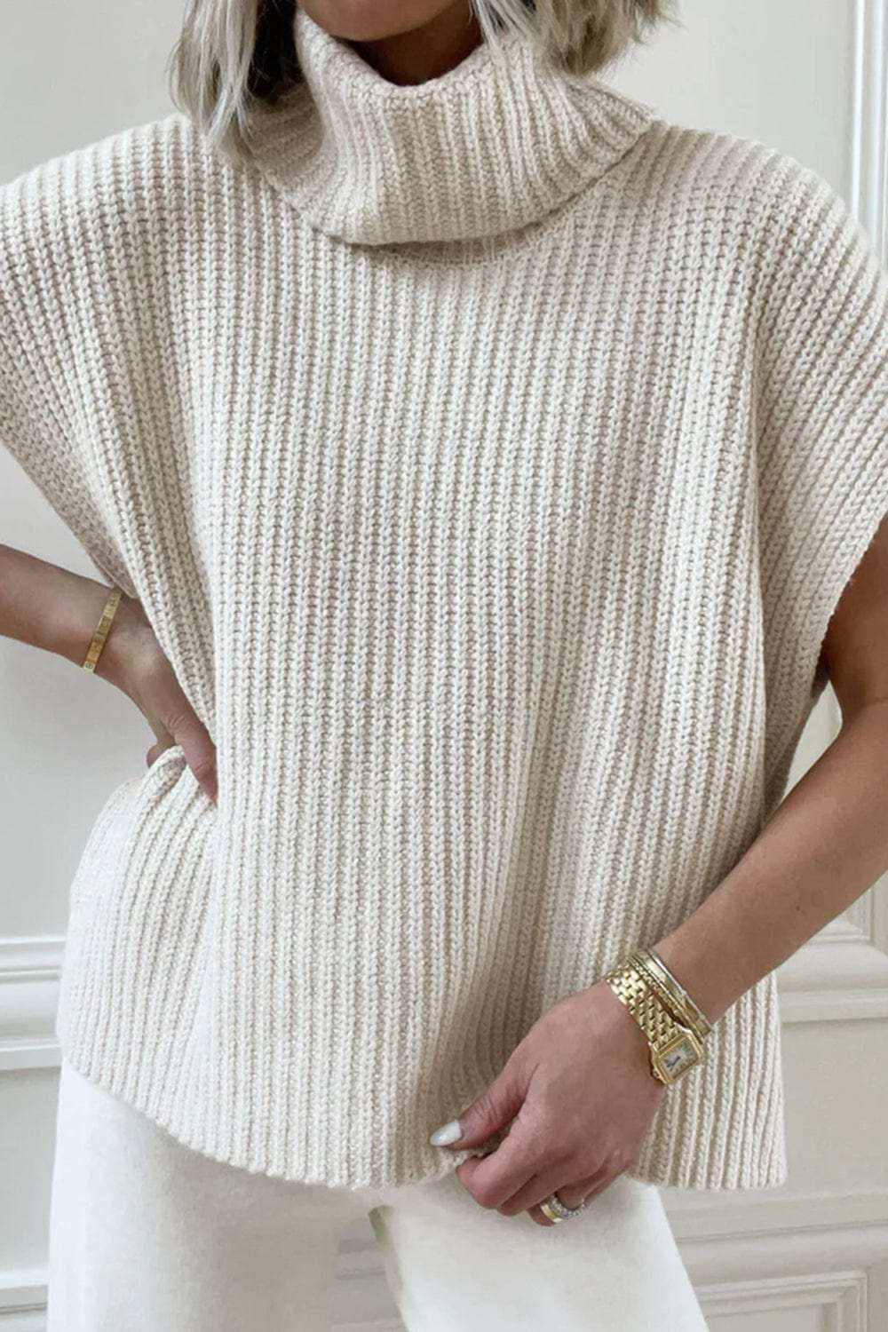 Slit Turtleneck Cap Sleeve Sweater - Trendsi - Flyclothing LLC