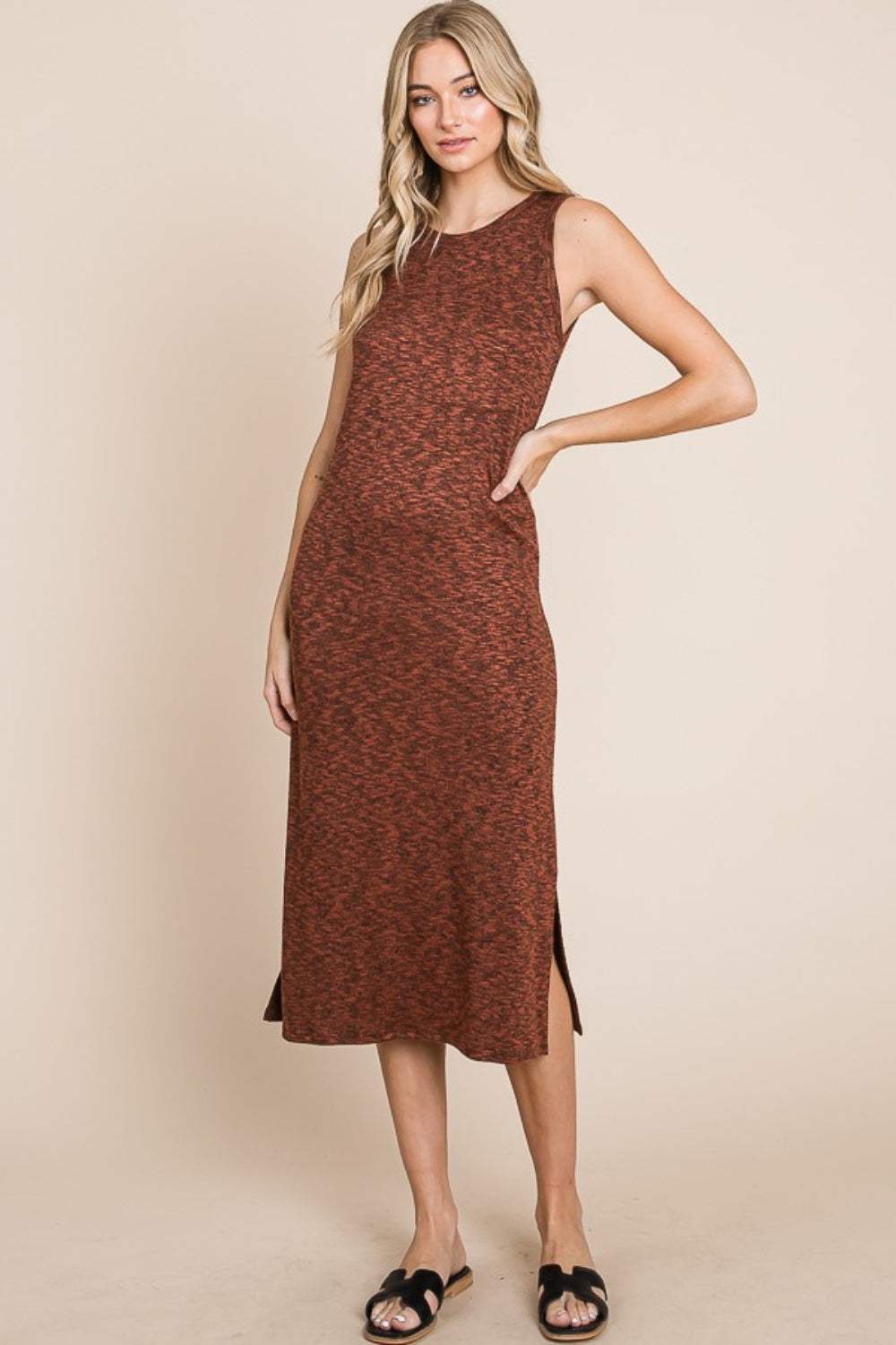 BOMBOM Slit Round Neck Sleeveless Midi Dress - Trendsi - Flyclothing LLC