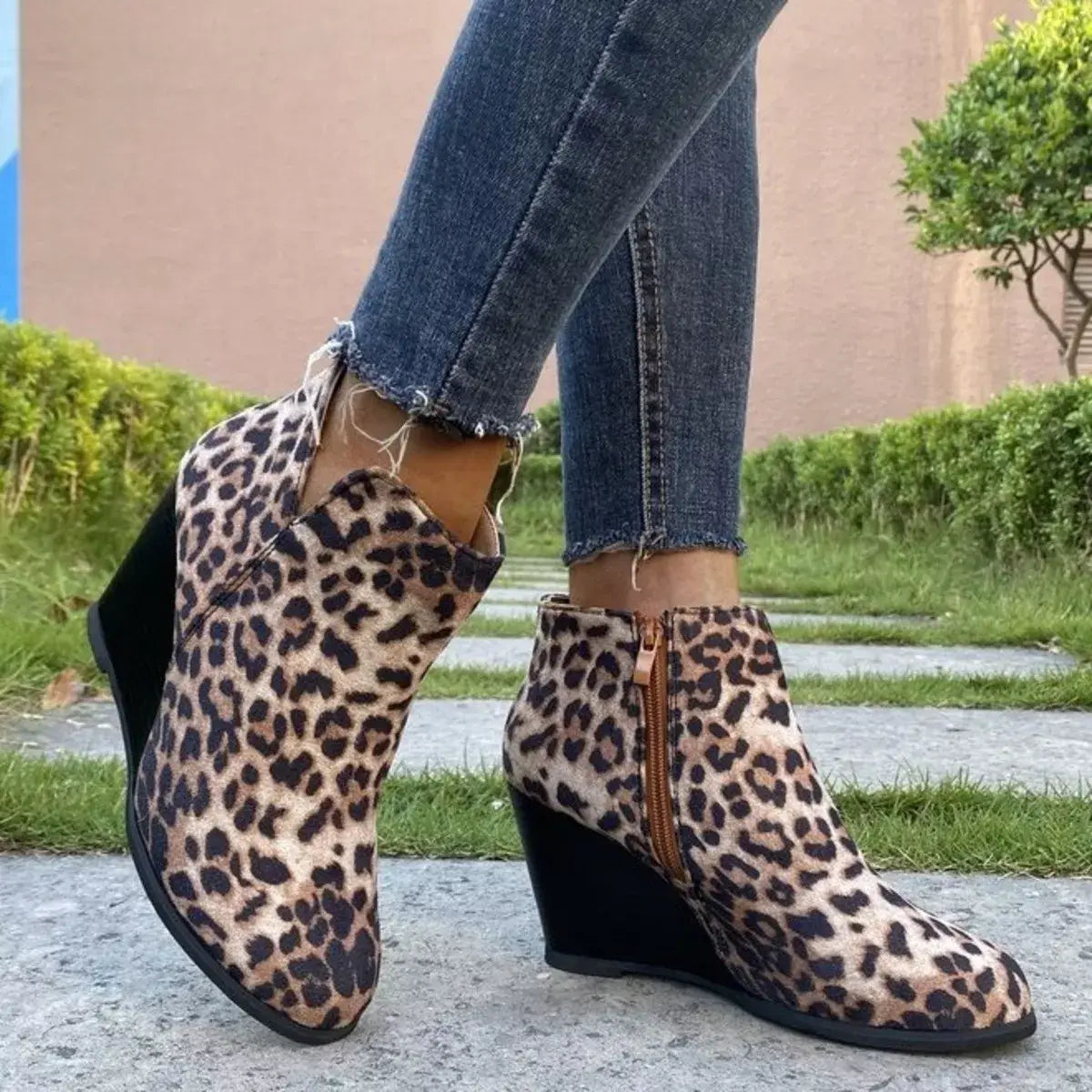 Round Toe Wedge Ankle Boots - Trendsi - Flyclothing LLC