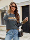 Contrast Round Neck Long Sleeve Sweater - Trendsi - Flyclothing LLC