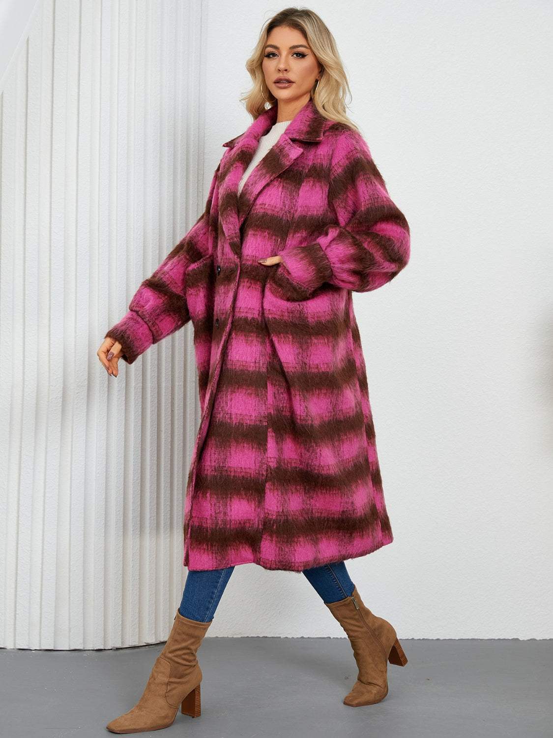 Contrast Double-Breasted Long Sleeve Longline Coat - Trendsi - Flyclothing LLC