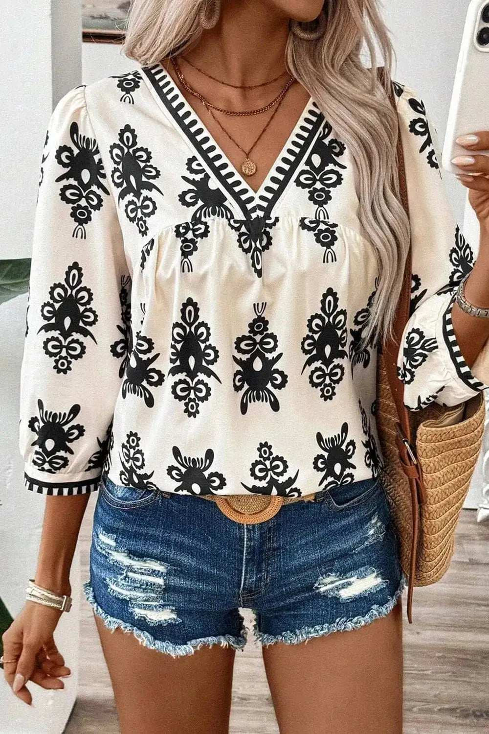 Printed V-Neck Three-Quarter Sleeve Blouse - Trendsi - Flyclothing LLC