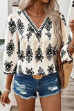 Printed V-Neck Three-Quarter Sleeve Blouse - Trendsi - Flyclothing LLC