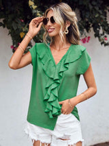Ruffled V-Neck Short Sleeve Blouse - Trendsi - Flyclothing LLC