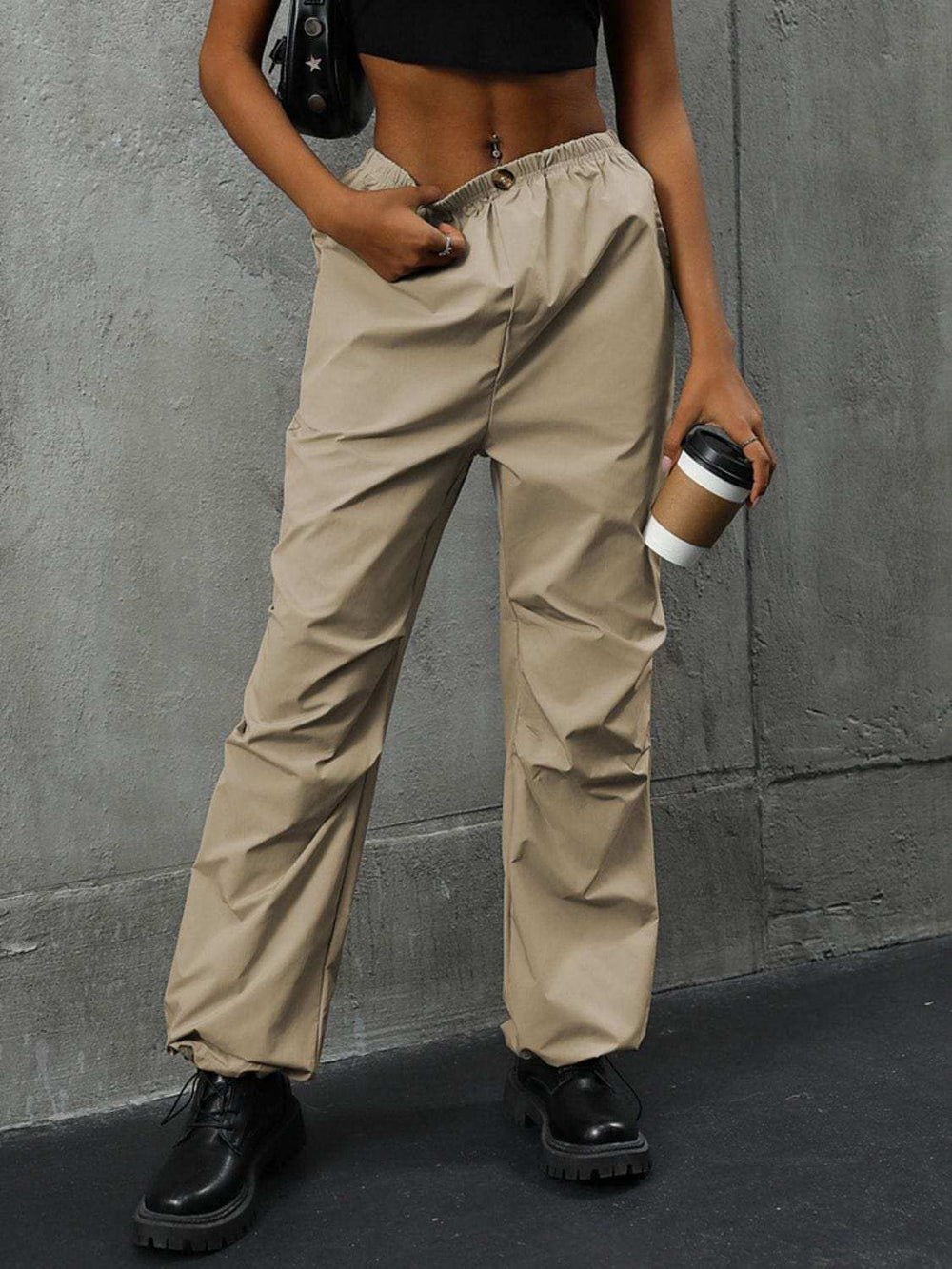 Pocketed Elastic Waist Pants - Trendsi - Flyclothing LLC