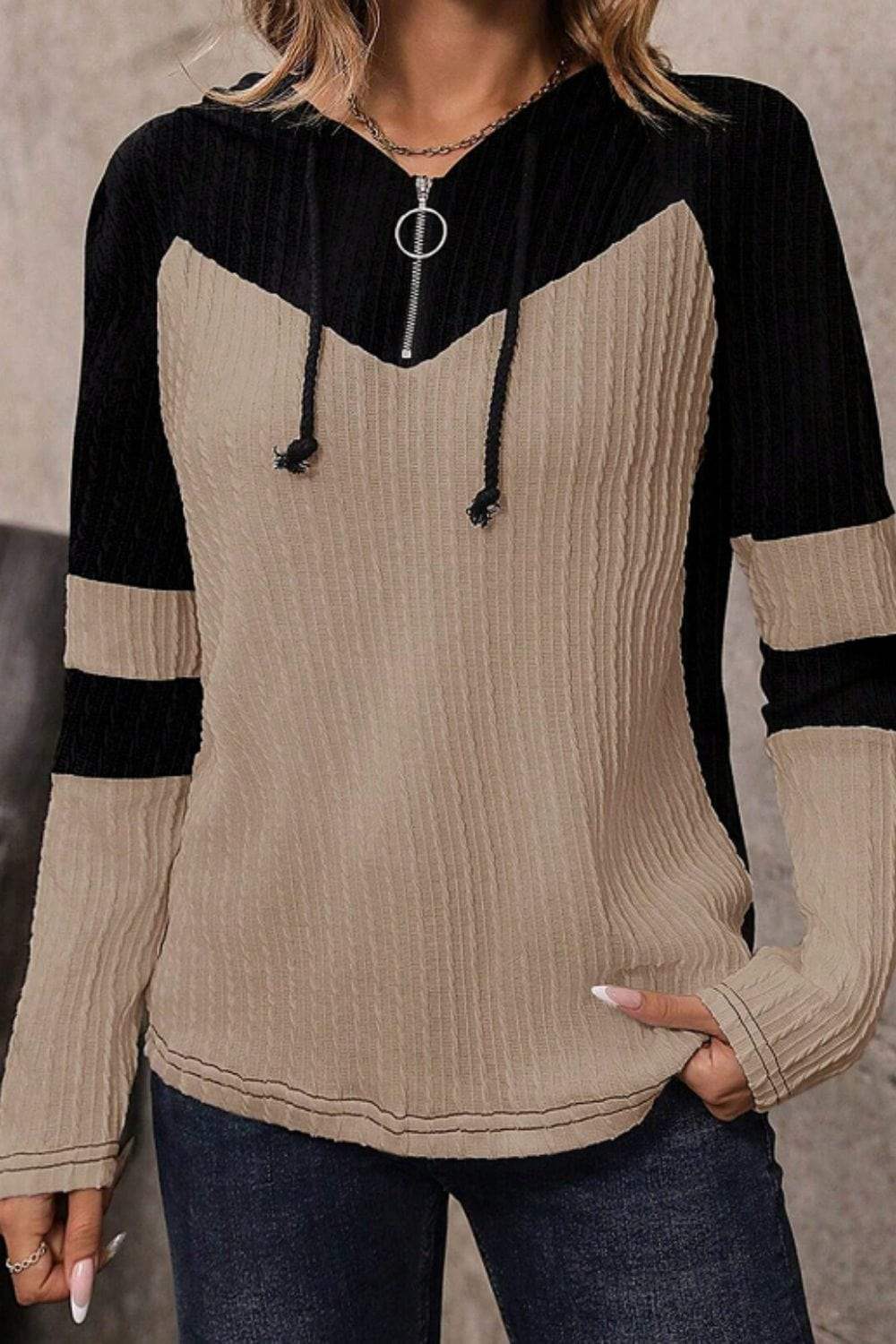 Drawstring Quarter Zip Contrast Long Sleeve Hoodie - Trendsi - Flyclothing LLC