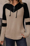 Drawstring Quarter Zip Contrast Long Sleeve Hoodie - Trendsi