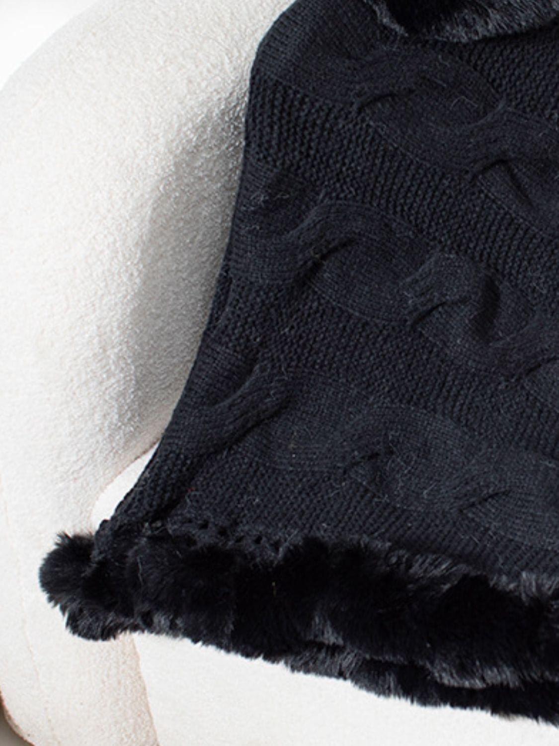 Fuzzy Hem Cable-Knit Poncho - Trendsi
