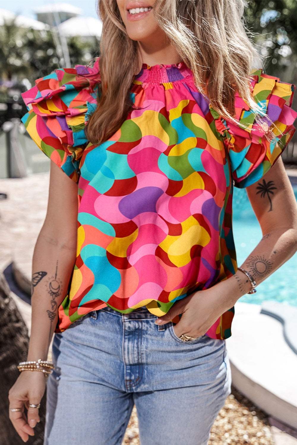 Ruffled Printed Mock Neck Cap Sleeve Blouse - Trendsi - Flyclothing LLC