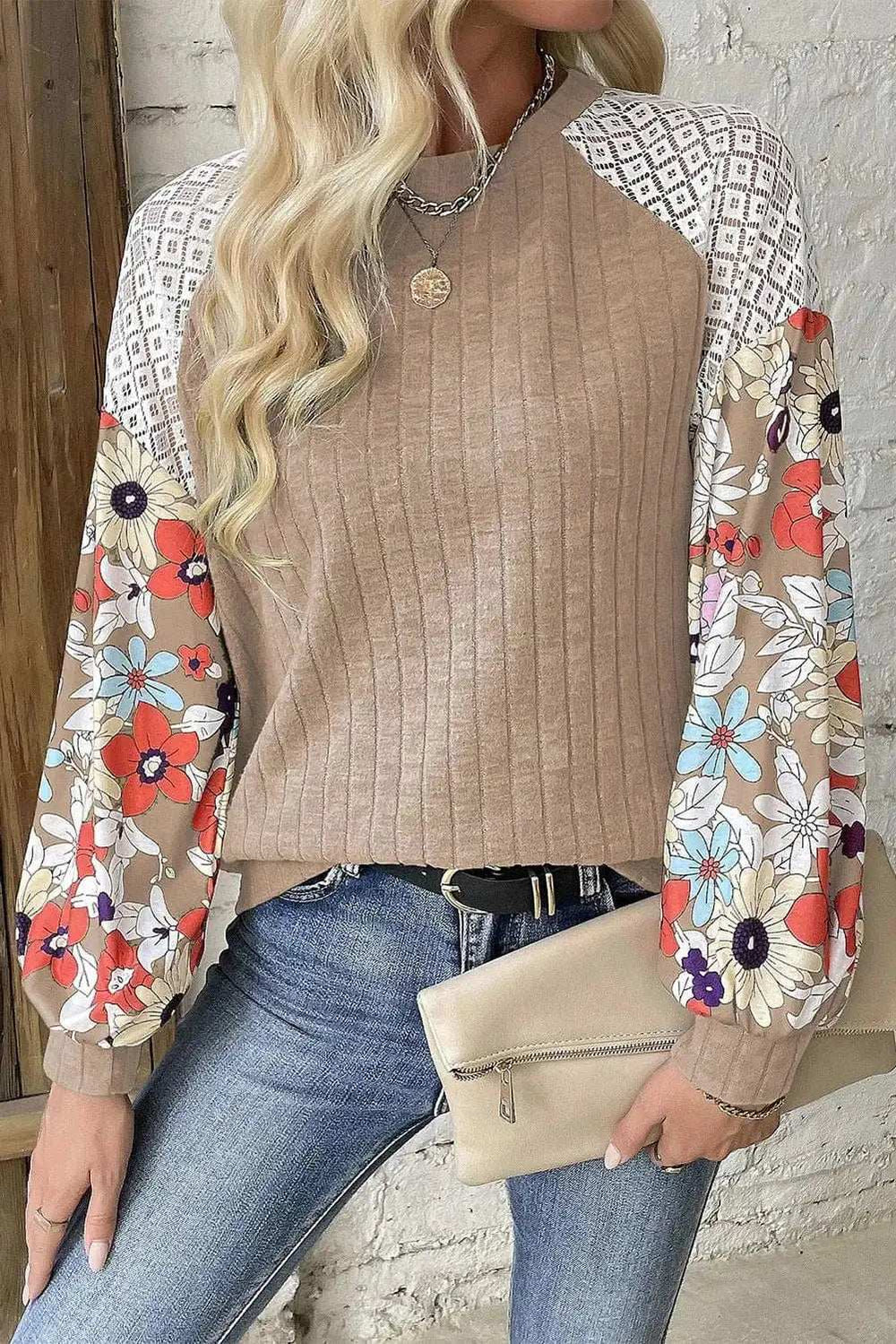 Printed Round Neck Long Sleeve Top - Trendsi - Flyclothing LLC
