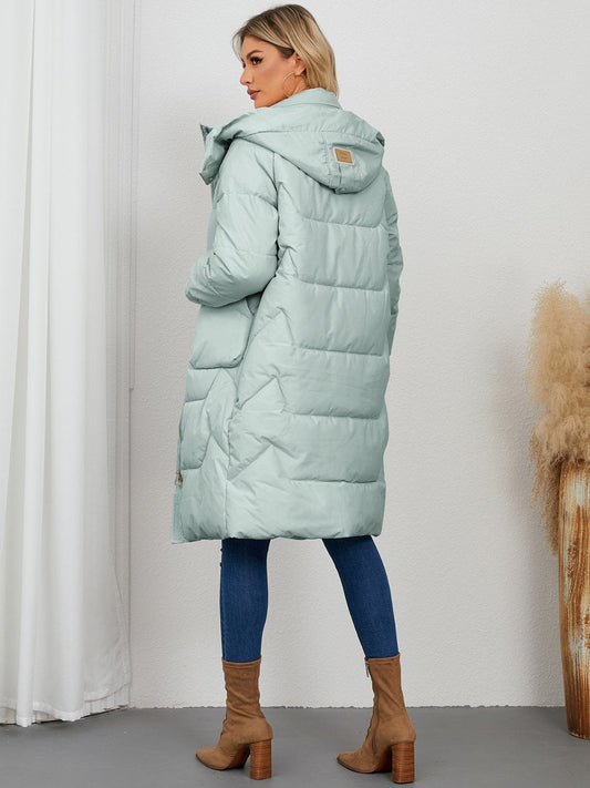 Long Sleeve Longline Hooded Winter Coat - Trendsi