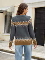 Contrast Round Neck Long Sleeve Sweater - Trendsi - Flyclothing LLC