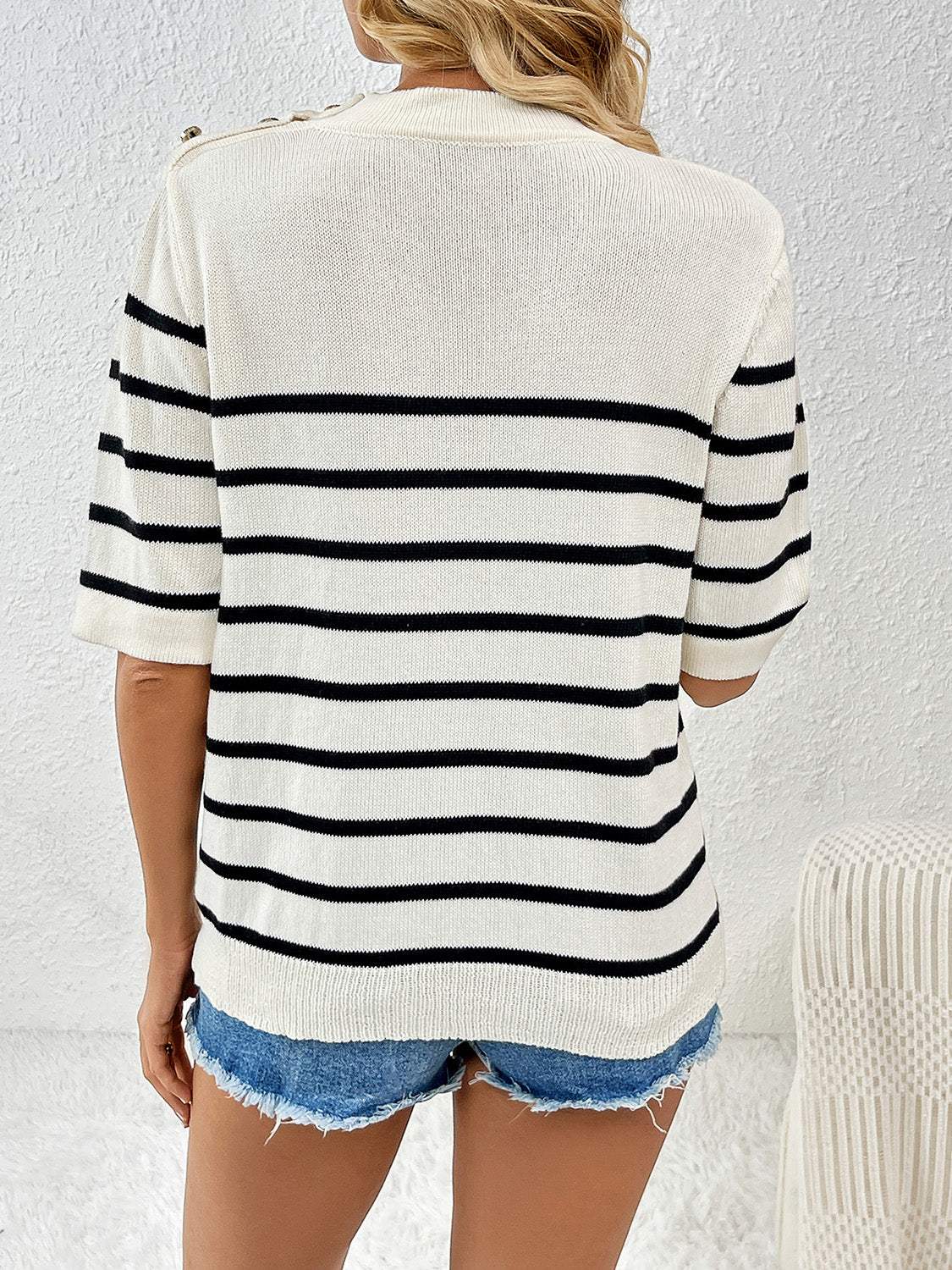 Striped Round Neck Half Sleeve Knit Top - Trendsi - Flyclothing LLC