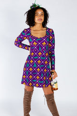 The Bourbon St. Special | Mardi Gras Printed Skater Dress - Shinesty