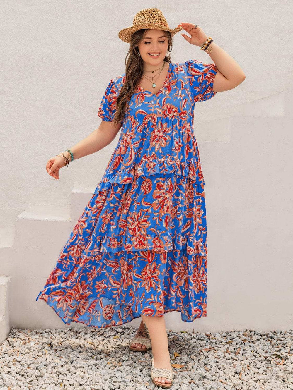 Plus Size Ruffled Printed V-Neck Short Sleeve Maxi Dress - Trendsi - Flyclothing LLC