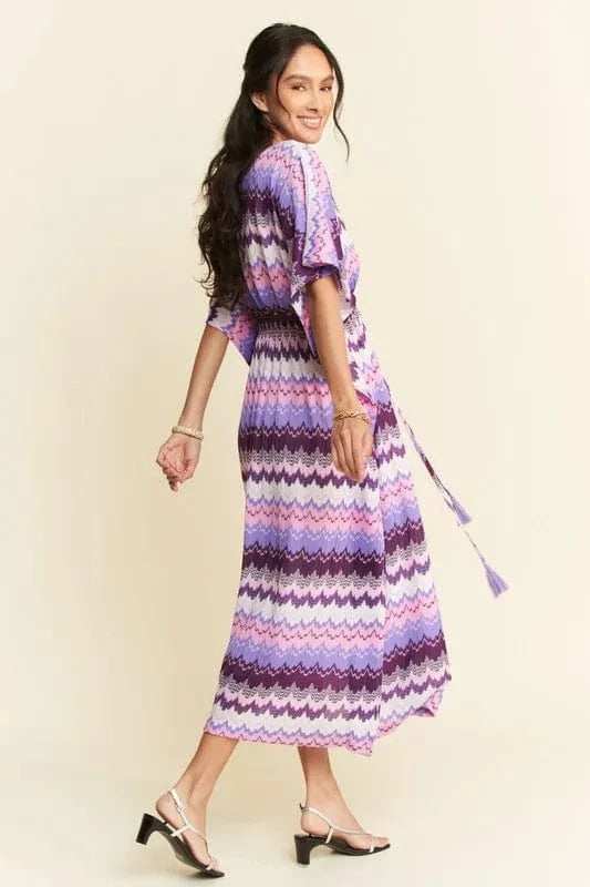 Davi & Dani Multi Color Wavy Tie Waist Flowy Sleeve Dress - Trendsi - Flyclothing LLC