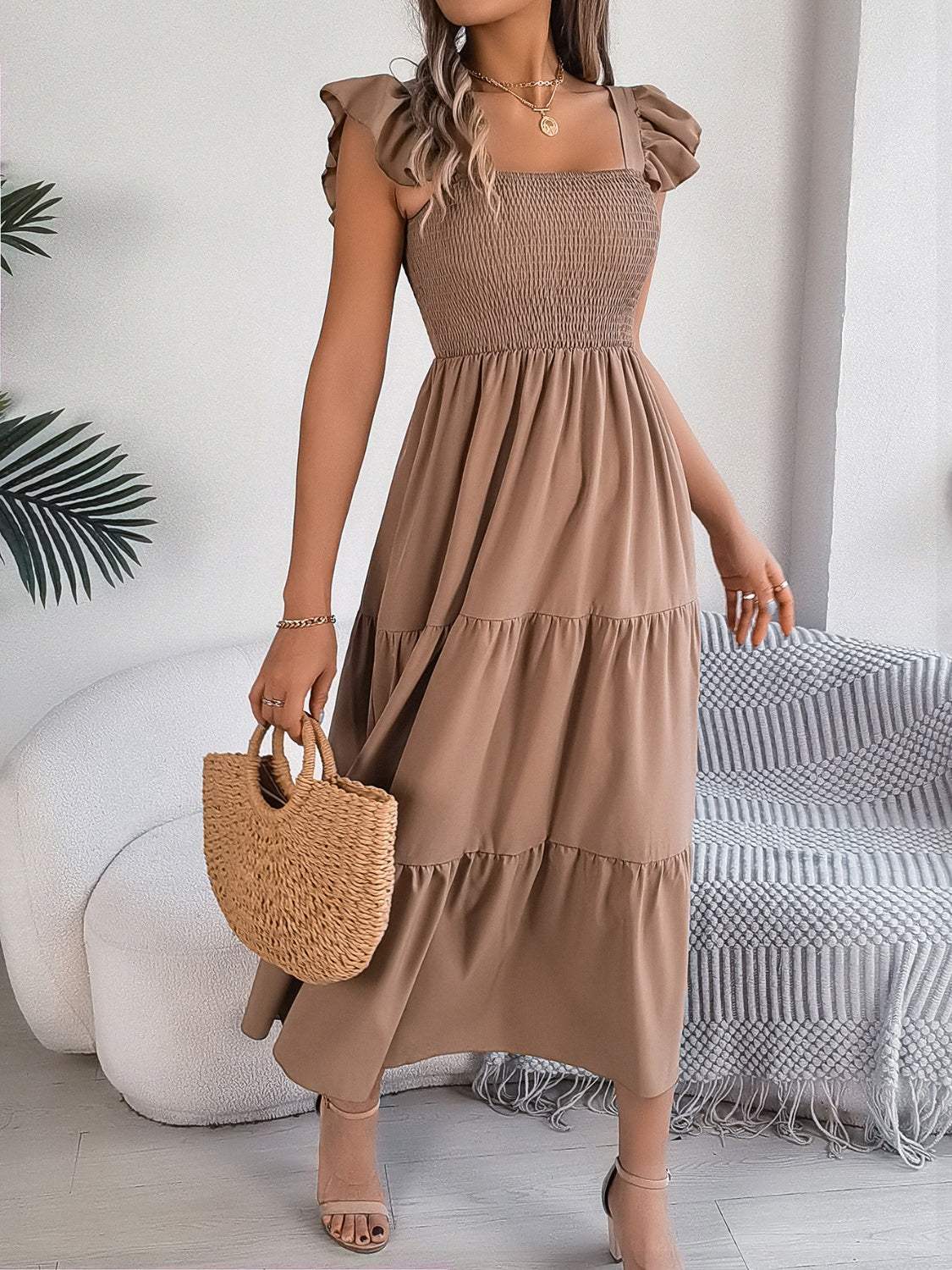 Smocked Square Neck Cap Sleeve Midi Dress - Trendsi - Flyclothing LLC