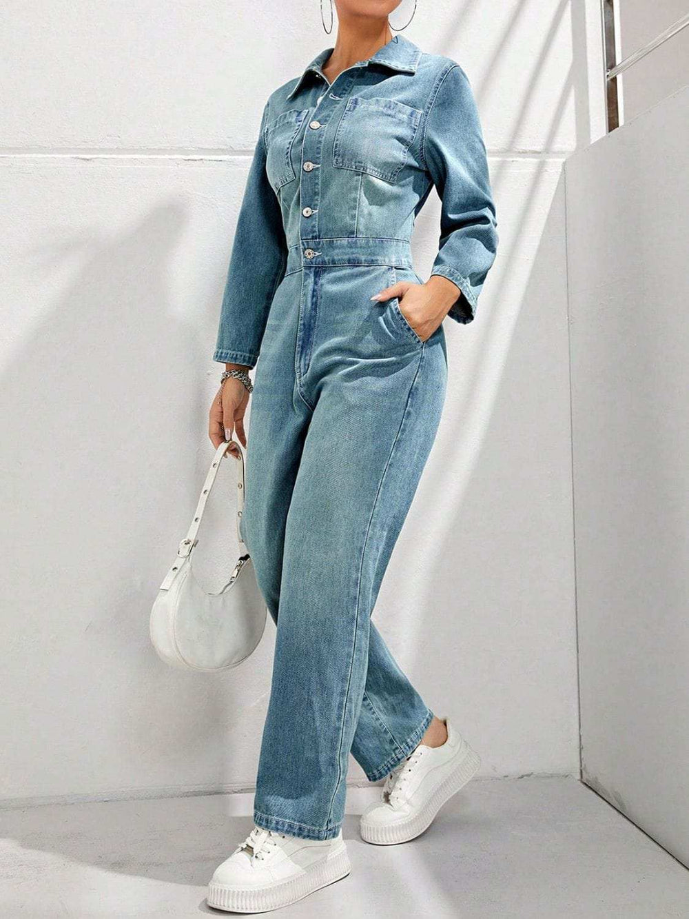 Half Button Long Sleeve Straight Leg Denim Jumpsuit - Trendsi - Flyclothing LLC