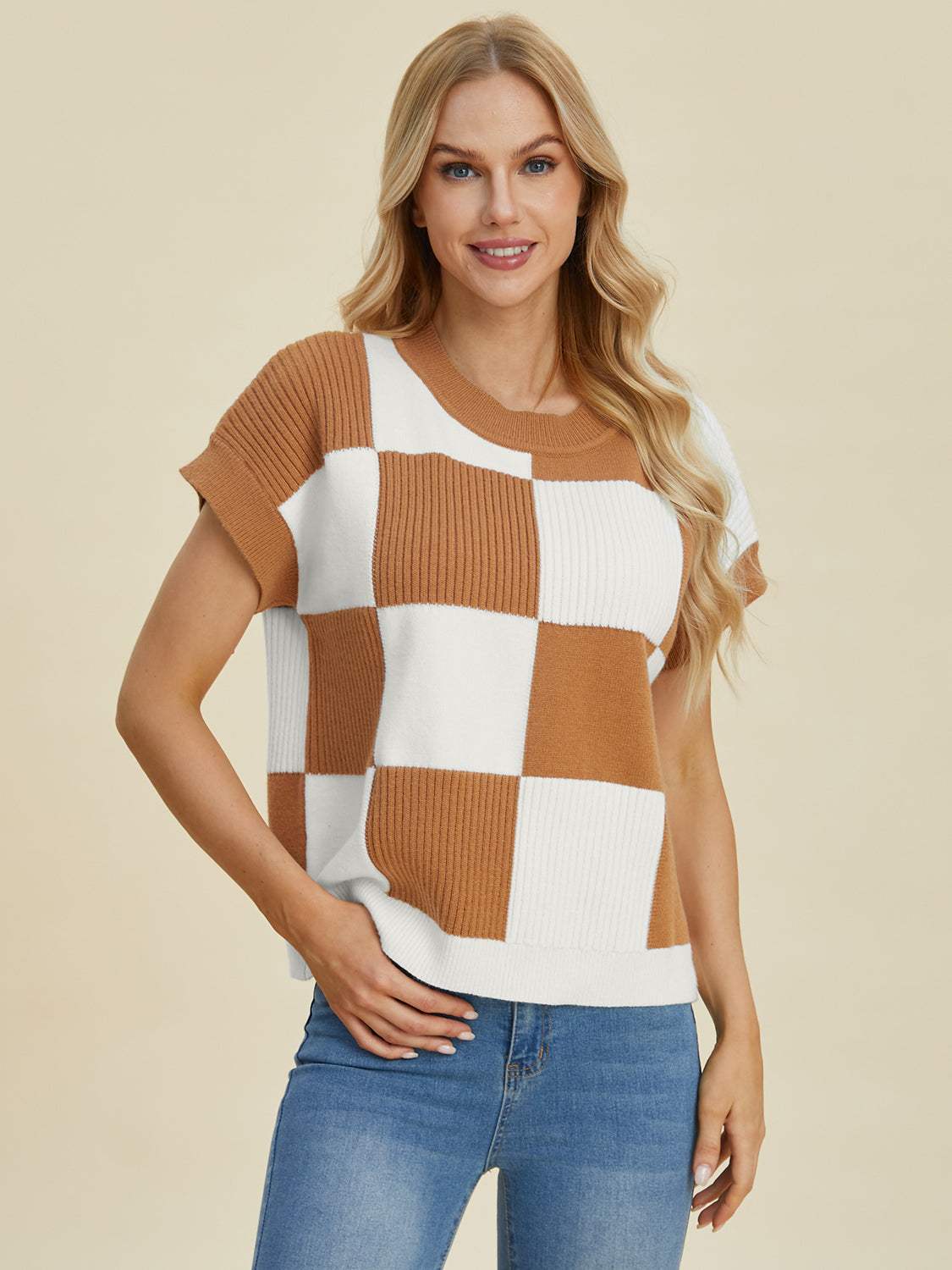 Double Take Full Size Checkered Round Neck Short Sleeve Sweater - Trendsi - Flyclothing LLC