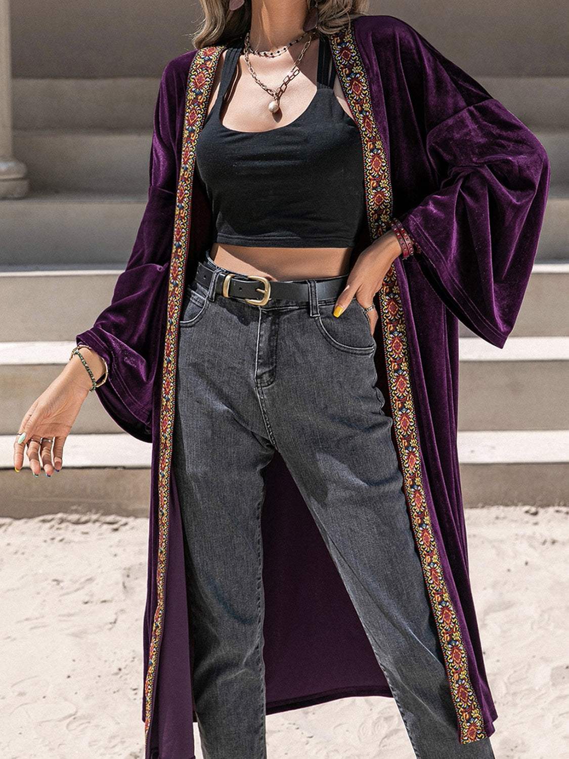 Embroidered Open Front Long Sleeve Cardigan - Trendsi - Flyclothing LLC